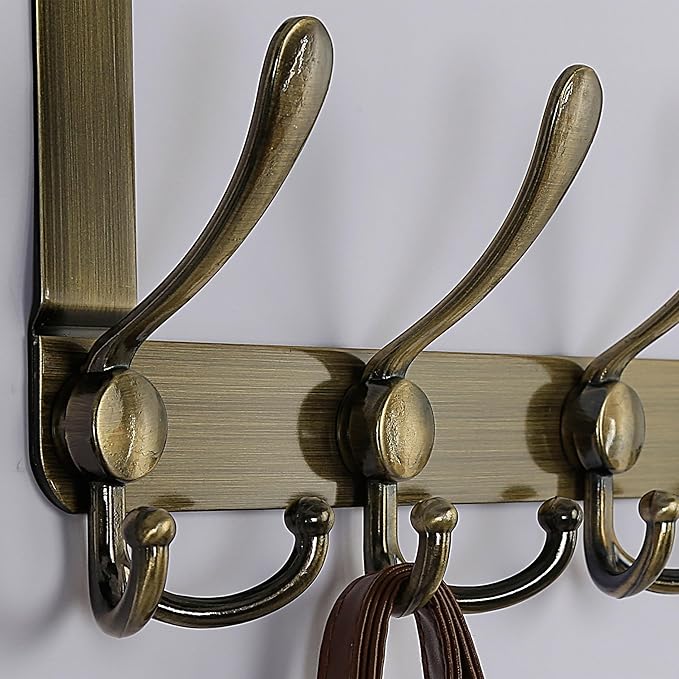 Dseap Over The Door Hook Hanger - Fits 1 3/8" to 1 3/4" Standard Doors | 5 Tri Hooks Heavy Duty Towel/Coat Rack | Door Organizer for Clothes, Jackets, Hats, Towels, Bronze, Pack of 2