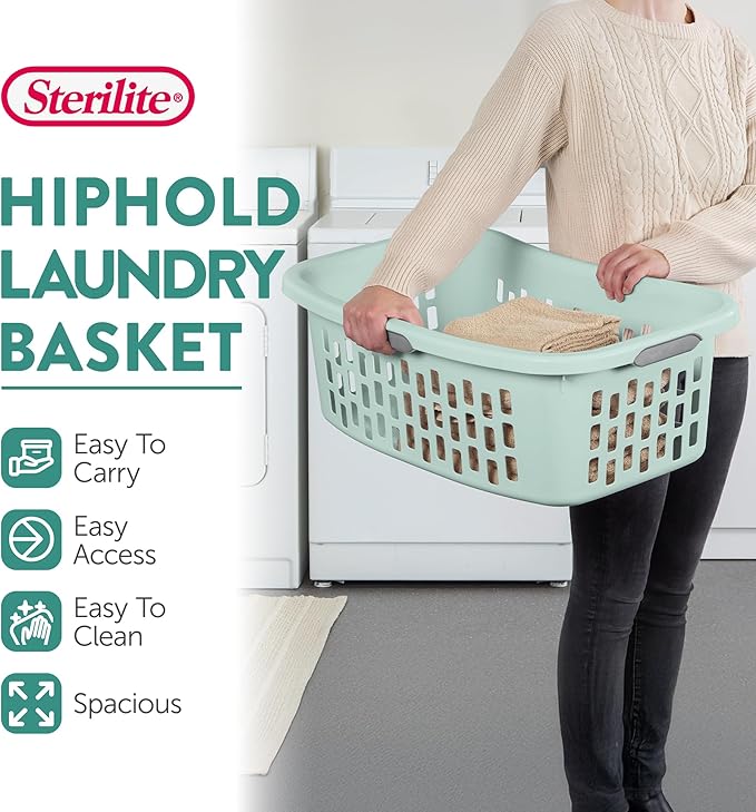 Sterilite 18 Pack HipHold Laundry Basket, Plastic Rectangle Clothes Hamper with Comfort Grip Handles & Reinforced Rim, 1.5 Bushel Capacity, Mint