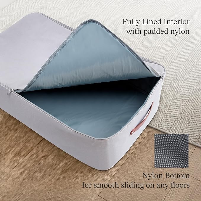 Under Bed Storage Container – Foldable Underbed Storage Bin for Clothes & Bedding, Canvas Under Bed Storage Box with Lid, Low Profile 8″ Organizer with Handles