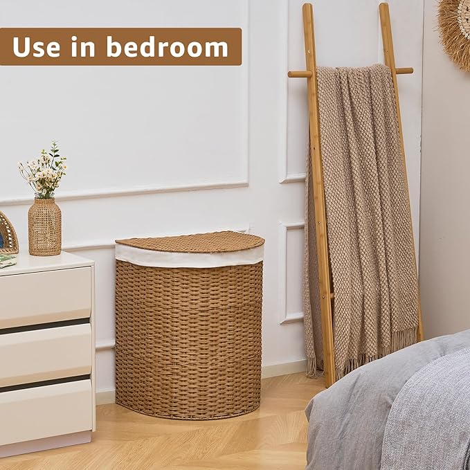 Wicker Half Moon Laundry Basket with Lid and 2 Replaceable Liner Bags, Handwoven Rattan Hamper for Dirty Clothes, Rattan, 90L