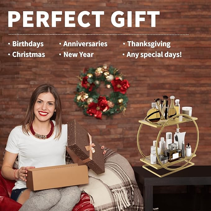 Perfume Organizer for Dresser, 2 Tier Bathroom Counter Organizers and Storage, Gold Makeup Organizer for Vanity, Bathroom Accessories & Decor, Skincare Perfume Trays Cosmetic Display Holder