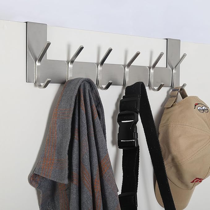 SKOLOO Over The Door Hook - for Doors up to 1-3/4'' Thickness, Brushed Nickel, No Assembly Required, Stainless Steel, Door Coat Rack for Entryway & Bathroom Hanging Coats, Backpack, Robes, Towels