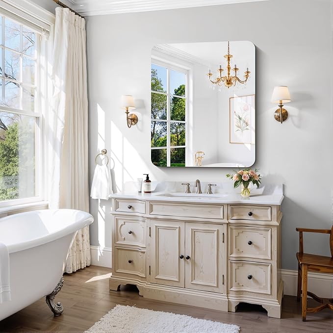 CILIBER Frameless Wall Mirror, 30" x 36" Rectangle Bathroom Mirror Rounded Corner, HD Shatterproof Vanity Mirror with Polished Edge for Over Sink, Bedroom, Entryway, Vertical or Horizontal