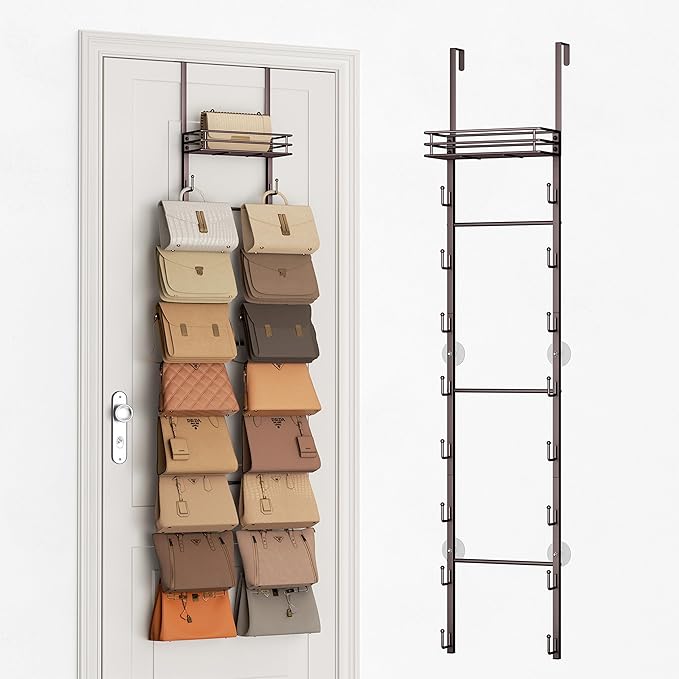SWTYMIKI Over The Door Purse Organizer - Wall Mounted Handbag Organizer with 16 Hooks and Metal Basket, Hanging Purse Storage Rack Holds up to 16 Bags, Bag Rack Can Use As 1/2 Part, for Door, Closet