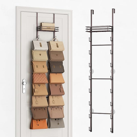 SWTYMIKI Over The Door Purse Organizer - Wall Mounted Handbag Organizer with 16 Hooks and Metal Basket, Hanging Purse Storage Rack Holds up to 16 Bags, Bag Rack Can Use As 1/2 Part, for Door, Closet