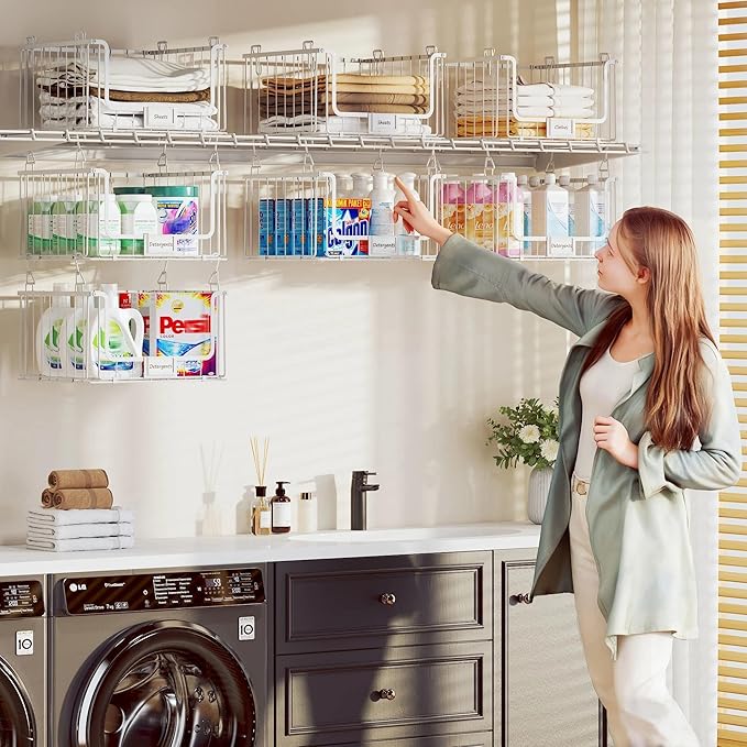 3-Pack Hanging Laundry Organizer, Stackable Wire Shelf Storage with Label Cards, Foldable Metal Baskets with 360°Rotating Hooks,Space-Saving for Laundry Room, Closet & Pantry ,11"×15" Large,White