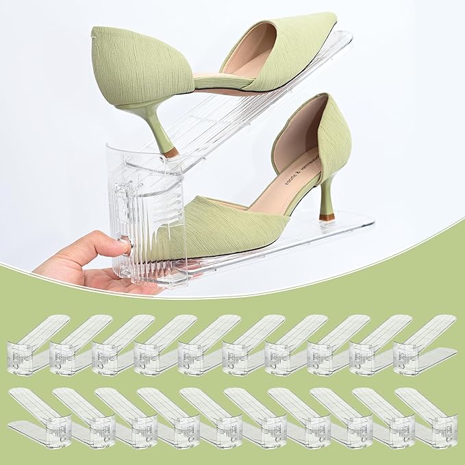 Clear Shoe Slots Organizer for Closet, 20-Pack Adjustable Shoe Stacker & Space-Saving Shoe Storage for a Variety of Spaces, Double Deck Organizer (Transparent)