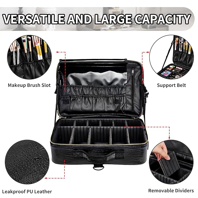 gzcz Large Capacity Travel Makeup Case Organizer,Professional Cosmetic Bags for Women,Waterproof PU Leather Makeup Bag with Adjustable Dividers and Shoulder Strap for Brushes and Jewelry