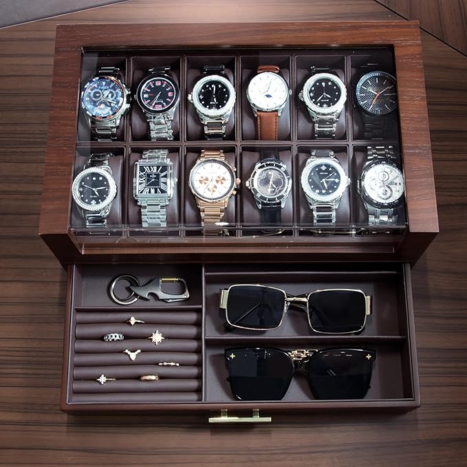 High End Watch Box for Men, 12 Slot Wooden Watch Case With Drawer, Watch Display Box with Glass Lid, 2-Layer Watch Holder for Jewelry and Watch Storage for Men Women , Ideal for Gift (With Gift Box)