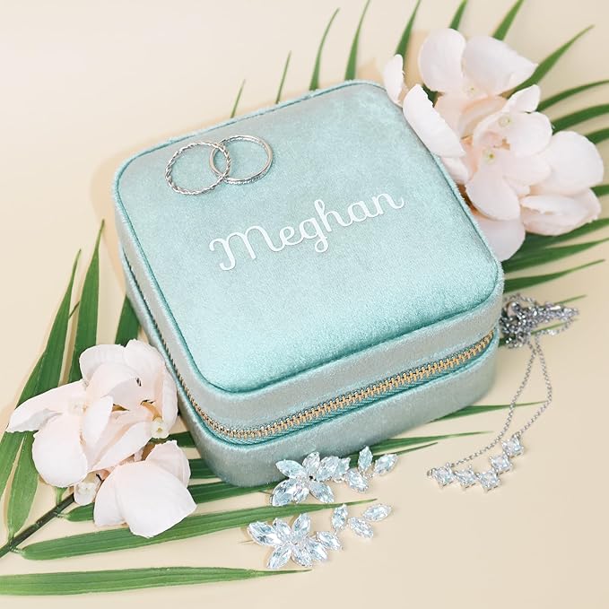Customizable Compact Velvet Jewelry Box with Mirror, Travel Jewelry Case, Travel Jewelry Organizer, Jewelry Box for Women and Girls, Small Jewelry Organizer (Center Text, Mint Green)