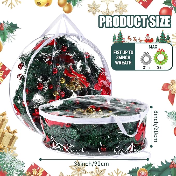 Shappy 6 Pcs 36 Inch Christmas Wreath Storage Container Clear Wreath Storage Bags PVC Waterproof Garland Bags with Clear Window Dual Zippers and Handles for Xmas Holiday Artificial Garland (White)