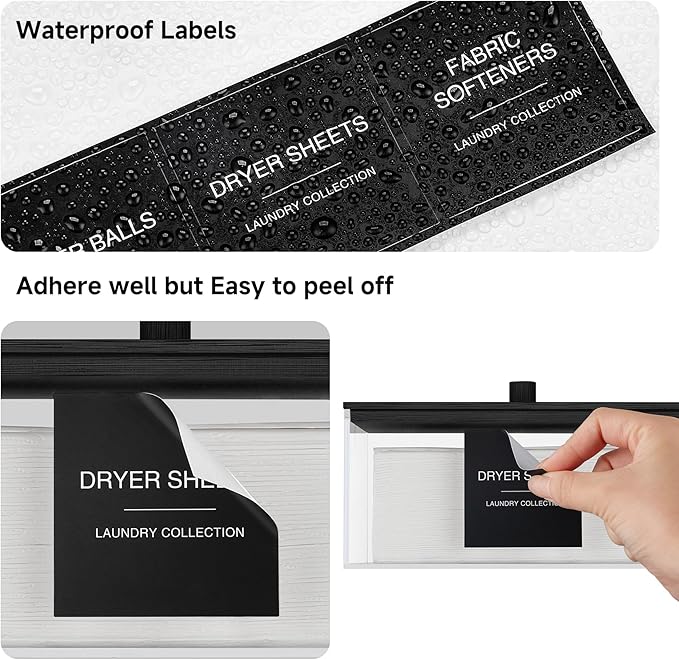 TIPGO Acrylic Dryer Sheet Holder with Lid, Clear Laundry Sheets Container with 27 Labels, Laundry Pods Storage for Laundry Room Organization - Black