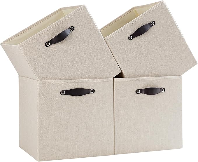 Storage Cube Bins | 7.7 oz/yd² Fabric Cubby Organizer Baskets for Shelf, Closet, Cabinet, Wardrobe | KALLAX Shelving Unit Insert Drawer | 4 Pack, Beige, 13x15x13 Inch