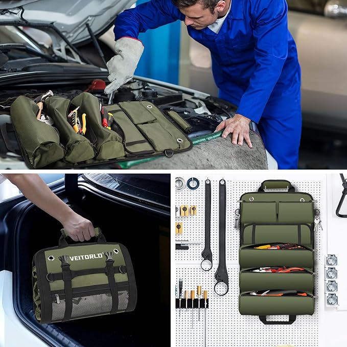 Tool Roll Up Bag, Gifts for Him Men Dad Husband Boyfriend Valentines Day, 1680D Portable Tool Storage for Men, Heavy Duty Tool Organizer with Detachable Pouches&Wrench Roll for Mechanic