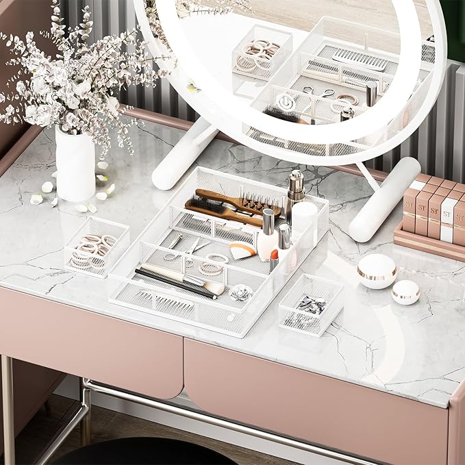 Marbrasse 3 Packs White Desk Drawer Organizers,Drawer Organizer Tray with 9 Adjustable Compartments,Junk Drawer for Makeup & Vanity, Office Desk Supplies and Accessories（White）