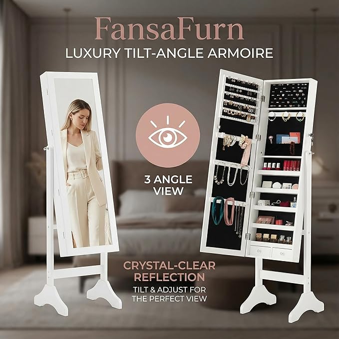 Jewelry Armoire with Full-Length Mirror, Lockable Velvet Lined Organizer with 5 Shelves, 3-Angle Adjustable Standing Mirror, 2 Keys & Bonus Pouch, Elegant White, 47.3 Inch