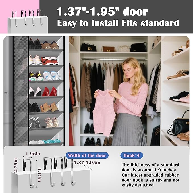 10 - Pocket Over - the - Door Hanging Shoe Organizers & Rack, Made of Sturdy 600D Oxford + Non - Woven Fabric, Space - Saving Storage for Shoes, Boots & More (Gray)