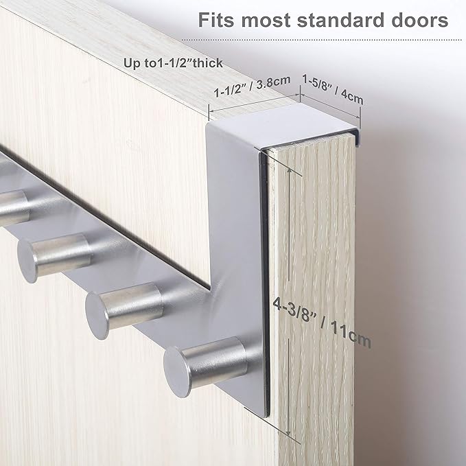 WEBI Over The Door Hook Door Hanger:Over The Door Towel Rack with 6 Peg Hooks for Hanging,Door Coat Hanger Towel Hanger Over Door Coat Rack for Clothes,Back of Bathroom,Silver,2 Packs