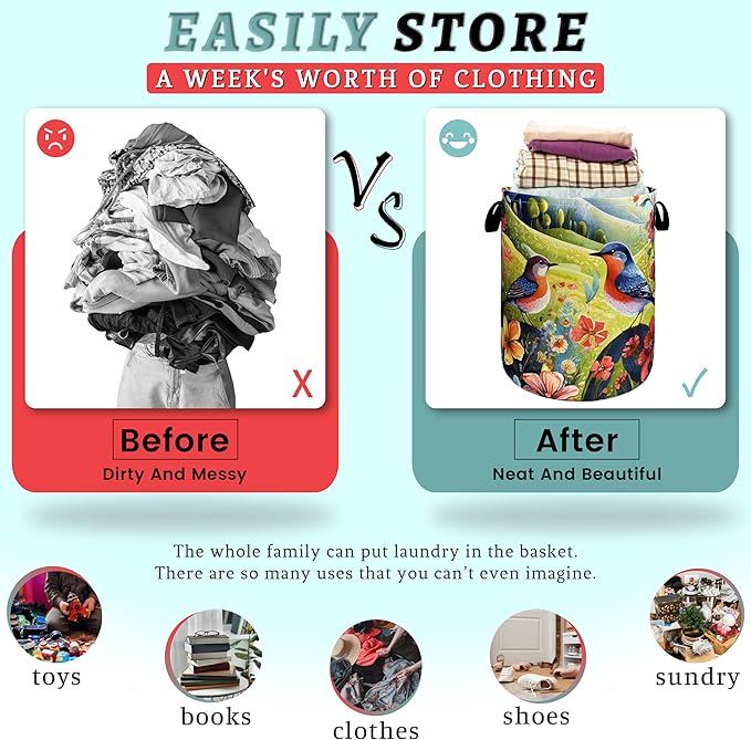 Birds With Flowers Laundry Hamper Foldable With Handles Bird Tote Bag Universal Oxford Cloth Colorful Laundry Basket Clothes Toy Storage Bucket 18.9"x16.5 "For Bathroom/Laundry/Bedroom