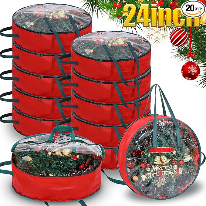 Shappy 20 Pcs Christmas Wreath Storage Bag Clear Wreath Box Storage Containers with Clear Window and Handle Christmas Garland Containers for Xmas Holiday Seasonal Bags (24inch)