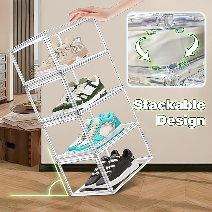 12 Pack Drop Front Acrylic Shoe Boxes with Magnetic Door Fit US Size 12, Clear Stackable Shoe Organizer for Closet, Entryway, Underbed, Multiple Display Cases for Hats, Figures, Sneakers