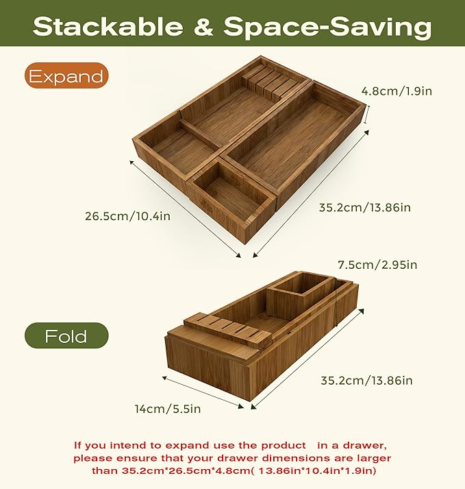 KOCWELL Bamboo Silverware Drawer Organizer with Knife Block, 3 Removable Drawer Organizer Bins - Multi-Use for Kitchen Utensils, Office, Makeup, Tools Storage