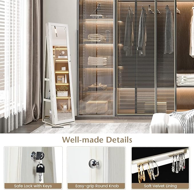 360° Swivel LED Mirror Jewelry Cabinet with Full Length Mirror, Lockable Floor Standing Mirrored Jewelry Armoire Organizer w/Inside Makeup Mirror & Back Storage Shelves (Grayish White)