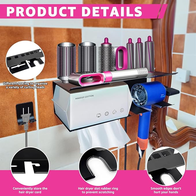Storage Holder Compatible with Dyson Airwrap Styler Accessories, 7-Slot Hair Dryer Holder Wall Mount, No Drill Metal Organizer for Blow Dryer & Curling Iron (Black)