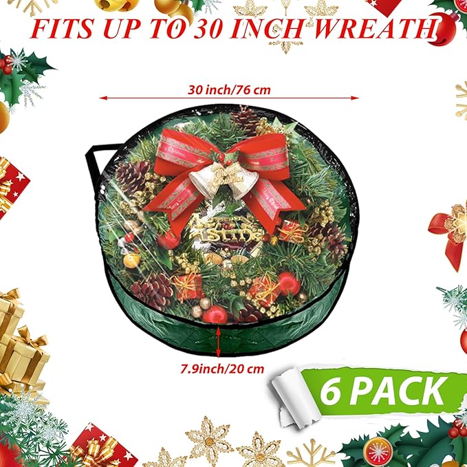 6 Pack Wreath Storage Container 30 Inch Wreath Storage Bag Clear Christmas Wreath Boxes Container with Sturdy Handles for Holiday Seasonal Decoration, Green
