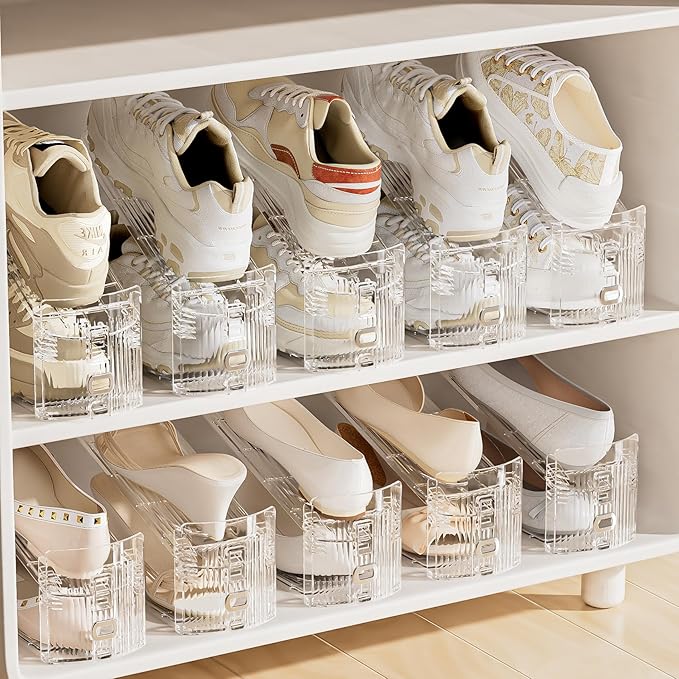 Neprock Shoe Slots Organizer for Closet,12 Pack Acrylic Shoe Stackers for A Pair of Shoes,3 Levels Adjustable Shoe Rack Storage Shoe Space Saver 50%(Clear,12 Pack)