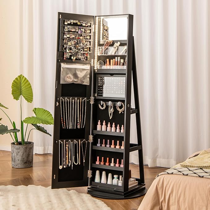 Mirror Jewelry Cabinet Standing with Full Length Mirror, 360° Swivel Jewelry Armoire with 3-Color LED Lights & Foldable Makeup Shelf, Lockable Organizer for Women, Space-Saving (Black)
