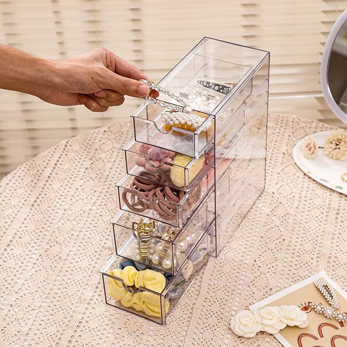 FABROK Clear Hair Accessory Organizer Box with 5 Drawers, Compact Storage Organization Drawers Set for Cosmetics, Glasses, Stationery, Stackable Storage Containers Box for Bathroom, Closet, Office