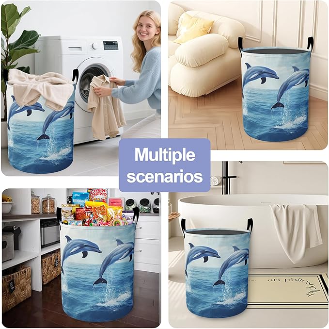 Laundry Basket,Dolphin Jump Large Canvas Fabric Lightweight Storage Hamper Organizer Dirty Clothes Collapsible Waterproof for College Dorms,Bathroom