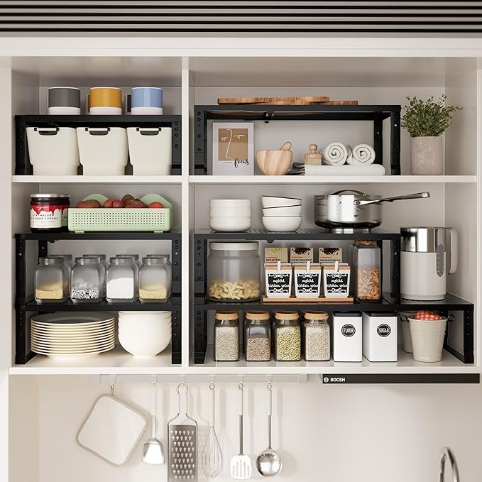 Expandable Spice Rack & Kitchen Cabinet Organizer - Stackable, Adjustable Shelves for Cabinets, Countertops, Cupboards & Pantries(2 Packs/Medium/Black)