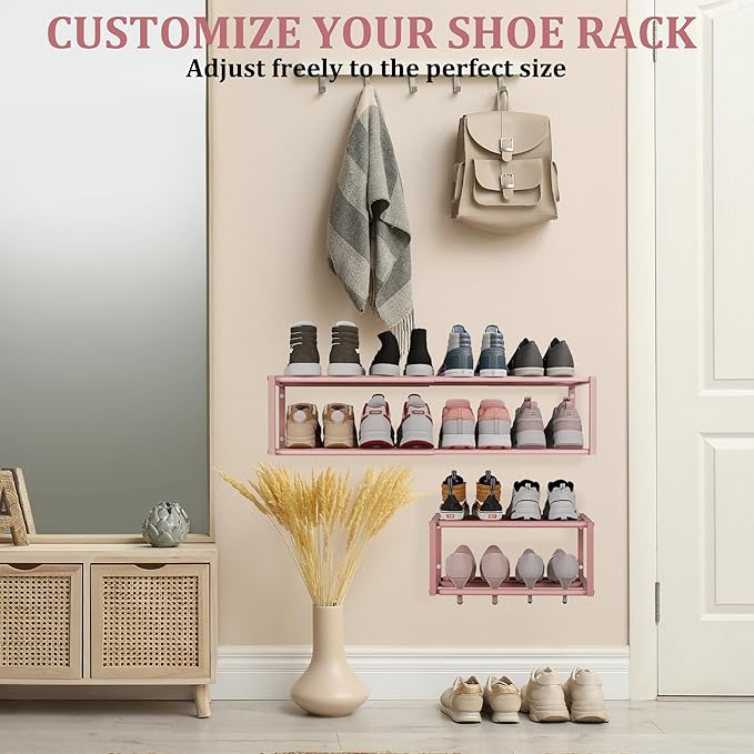 2 Pack Expandable Wall Mounted Shoe Rack, 17"-31" Adjustable Hanging Shoe Rack Holds 16 Pairs, Heavy Duty Metal Shoe Holder with 4 Storage Hooks, Space Saving for Entryway Closet Doorway（Pink）