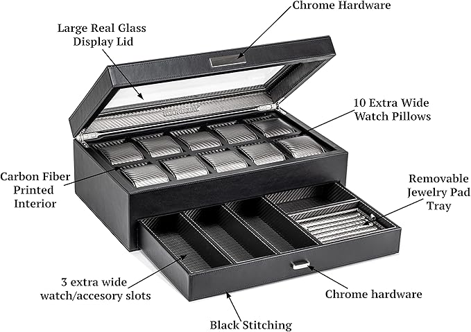HOUNDSBAY Yachtsman Watch Box Organizer | Luxury Jewelry Organizer with Drawer, Ring Tray & Glass Lid | Great EDC Display Case for Storage | Ideal Gift for Men