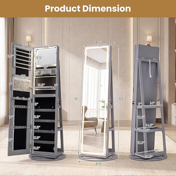 CHARMAID 360° Rotating Jewelry Armoire with LED Lighted Full Length Mirror & Built-in Vanity Mirror, Lockable Standing Jewelry Cabinet with Lights, Large Storage Organizer for Jewelry (Gray)