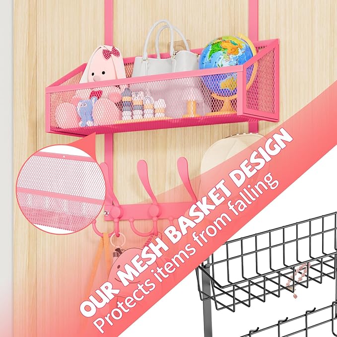 Over The Door Hooks Organizer, Coat Rack Over The Door Storage Hanger Towel Rack, Back of Door Storage Organizer for Bathroom,Bedroom,Kitchen,Office (Pink, 2-Tier)