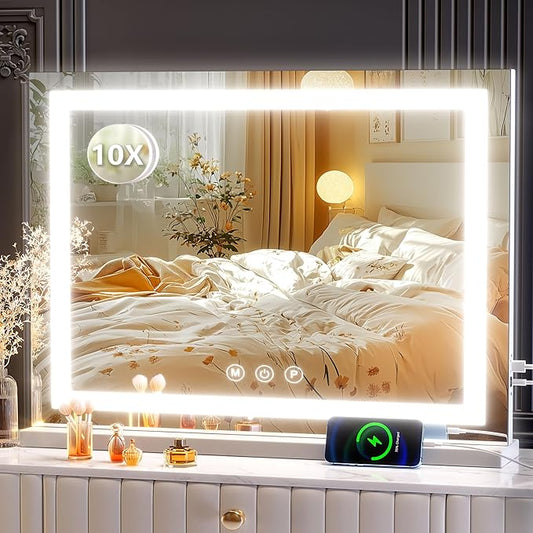 Makeup Vanity Mirror 24" x 19" Large LED Makeup Mirror, Desk Mirorr with Lights, Light up Mirror with 10X Magnification and, Dimmable 3 Modes, Touch Control White
