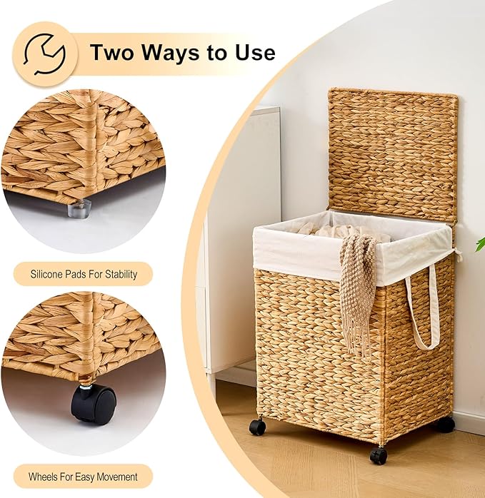 Laundry Hamper with Lid, Large Capacity Woven Natural Water Hyacinth Laundry Sorter with Removable Liners, Rolling or Non-Slip Design for Bedroom (Natural, 100L)