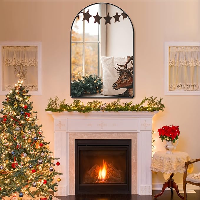 36x48 inch Black Tempered Glass Arched Mirror for Bathroom Vanity Mirror or Wall Decor Arch Mirror Wall Mounted Mirror for Bathroom