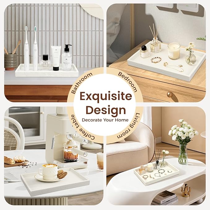 Artificial Travertine Tray, 12"x8" Perfume Tray for Bathroom Counter, Vanity, Home Organizer, Decorative Marble Trays for Perfume, Jewelry, Candles, Coffee, Rectangle, White