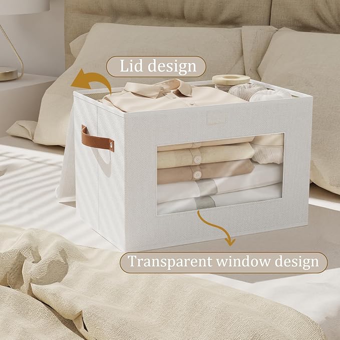 Foldable Storage Baskets with Lids, 13 x 9.1 x 7.9 Inch Closet Organizers for Sock Hat Blanket, Fabric Storage Boxes with Handles, White, 3-Pack