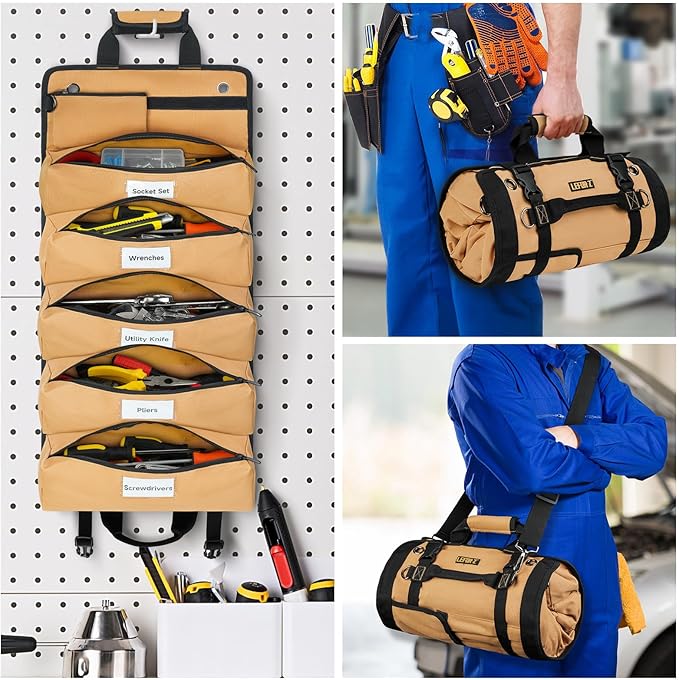 Tool Bag,Large Roll Up Tool Bag Organizer,13 Pockets Tool Roll Storage Pouch,Heavy Duty Portable Tool Storage Carrier Bag for Men,Mechanic,Electrician & Hobbyist