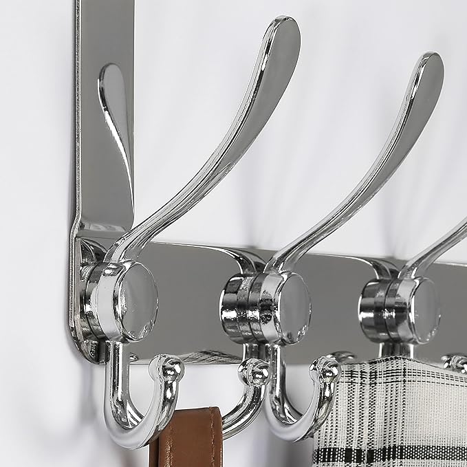 Dseap Over The Door Hook Hanger - Fits 1 3/8" to 1 3/4" Standard Doors | 5 Tri Hooks Heavy Duty Towel/Coat Rack | Door Organizer for Clothes, Jackets, Hats, Towels, Chromed