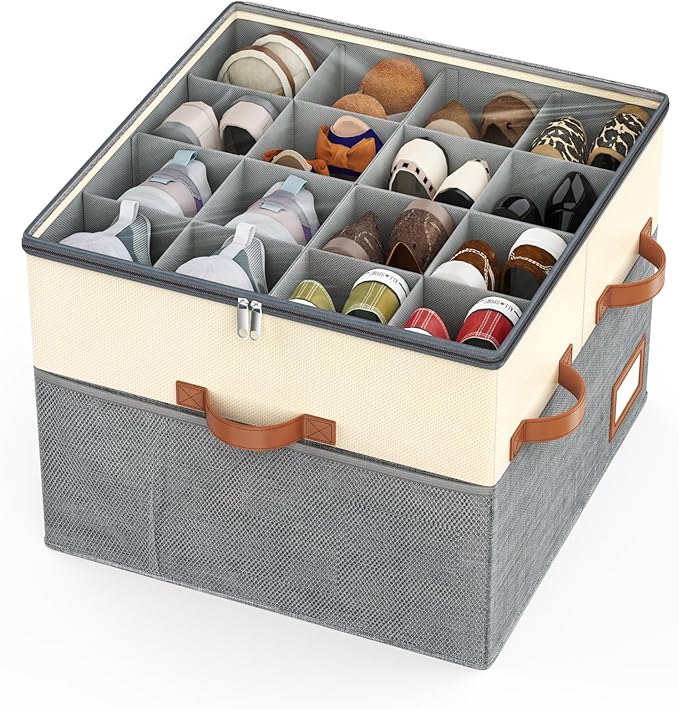 Lewondr Shoe Organizer for Closet, Foldable Shoe Storage Box with Adjustable Dividers and Clear Cover, Space Saving Shoes Holder with 4 Handles, Fits up to 32 Pairs, Beige+Gray