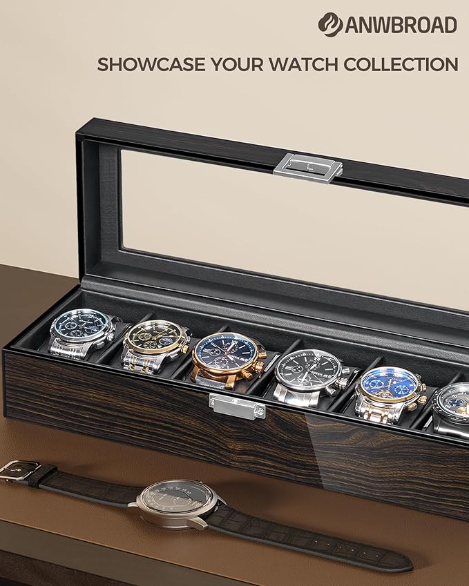 ANWBROAD Watch Box for Men, 6 Slot Watch Case with Glass Lid, Watch Display Case Watch Holder Organizer for Men, Watch Storage Box with 6 Slot, UJWB006E