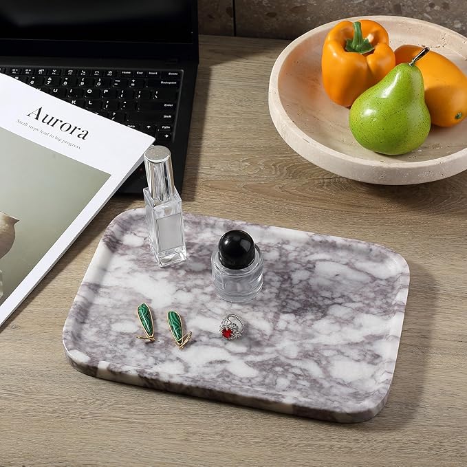 Luxury Marble Vanity Tray, Bathroom Tray Countertop, Calacatta Marble/Stone, Home Decorative Dresser Organizer, Storage for Kitchen Sink, Perfume Jewelry Holder(Purple&White)