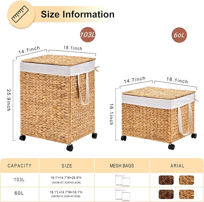 Laundry Hamper with Lid, Large Capacity Woven Natural Water Hyacinth Laundry Sorter with Removable Liners, Rolling or Non-Slip Design for Bedroom (Natural, 60L)