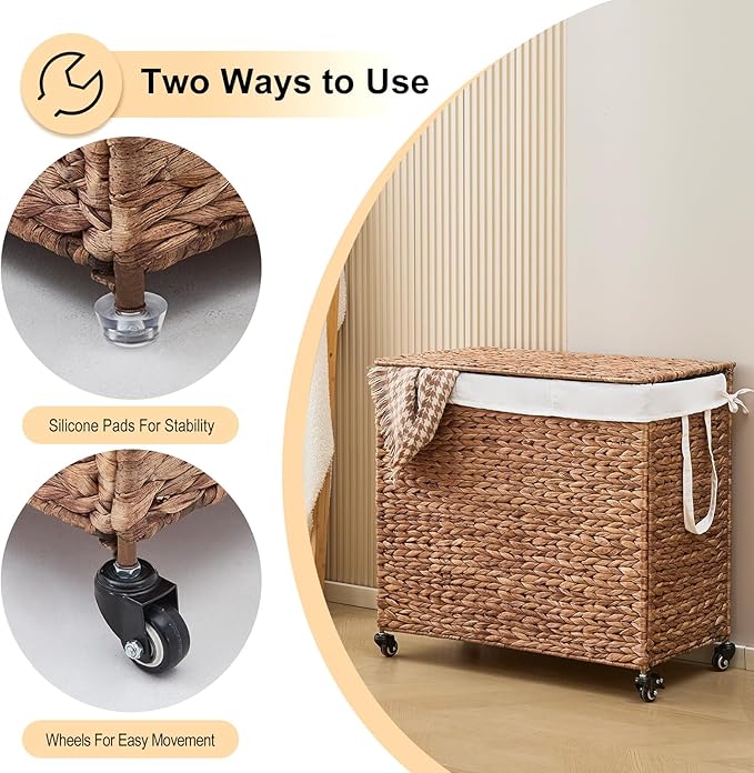 3-Section Laundry Hamper with Lid, Large Capacity Woven Natural Water Hyacinth Laundry Sorter with Removable Liners, Rolling or Non-Slip Design for Bedroom (Espresso, 3-Section)